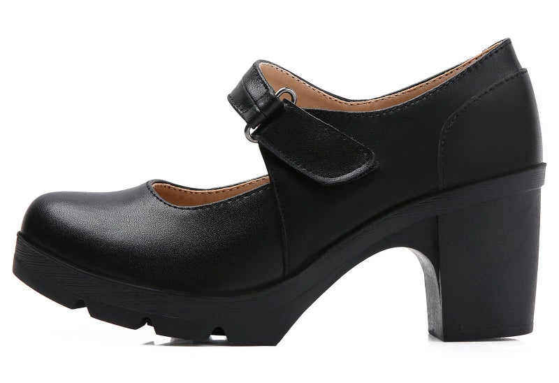 DADAWEN Women's Leather Classic Mid Heel Mary Jane Square Toe Oxfords Platform Dress Pumps Shoes Black US Size 8 - Image 4